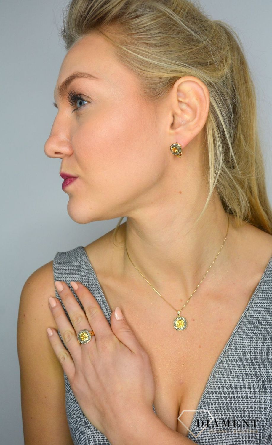 Złota pierścionek DIAMENT cytryn, diamenty R 2354CTCH.jpg